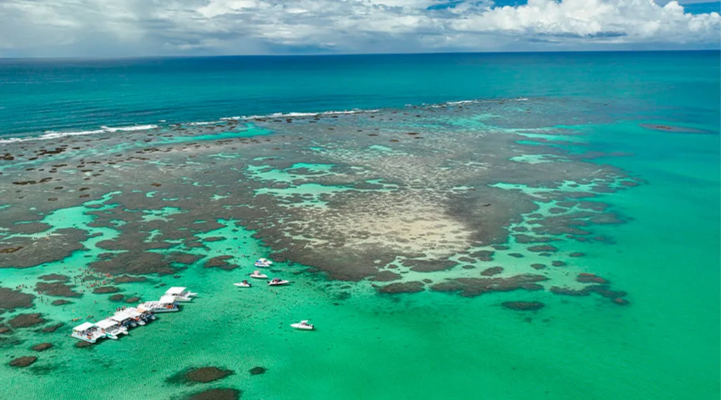 Vista aérea das Galés de Maragogi em um dia de sol, mostrando os recifes de corais que formam piscinas naturais na água de cor azul-turquesa, com alguns barcos e uma plataforma flutuante com turistas.