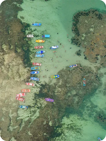 Barcos coloridos flutuando sobre águas rasas e cristalinas na Praia de Pajuçara, com recifes de corais visíveis, com maré baixa.
