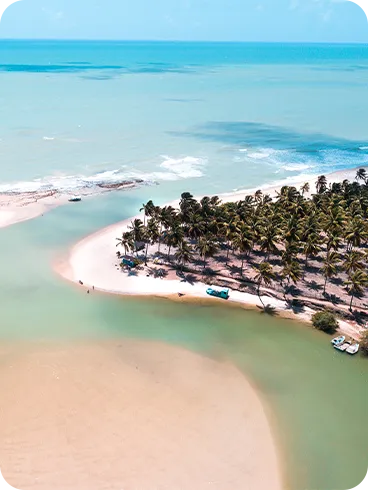 Vista aérea com encontro do rio e mar de Jequiá da Praia (Dunas de Marapé) em tons de azul e verde, faixa de areia clara em curva e um banco de areia no meio da água, coqueiros densos e barcos próximos à margem.