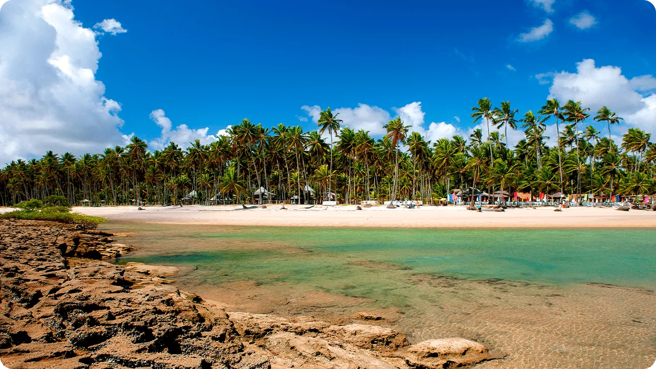 Praia de Carneiros com céu azul, mar raso e cristalino, formações rochosas e coqueiros ao fundo com