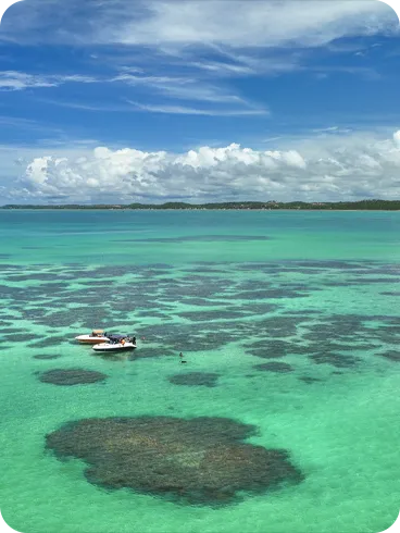 Vista aérea de las piscinas naturales de Maragogi, que muestra vastos arrecifes de coral bajo aguas turquesas cristalinas, con barcos turísticos anclados para que los visitantes practiquen snorkel.