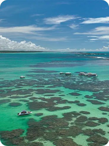 Piscinas naturais das Galés de Maragogi vistas do alto, com lanchas e catamarãs ancorados sobre águas transparentes e corais, destino imperdível no litoral norte de Alagoas conhecido como o Caribe brasileiro