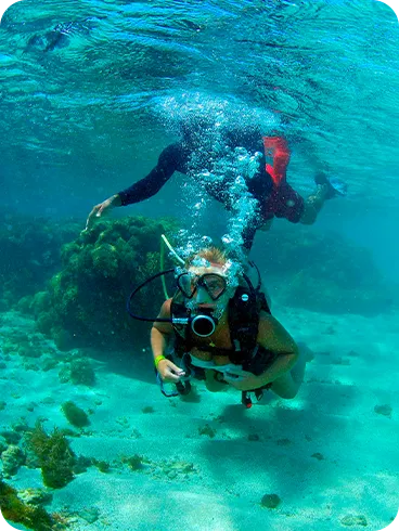 Man snorkeling among coral reefs in crystal-clear waters at Salinas Maragogi