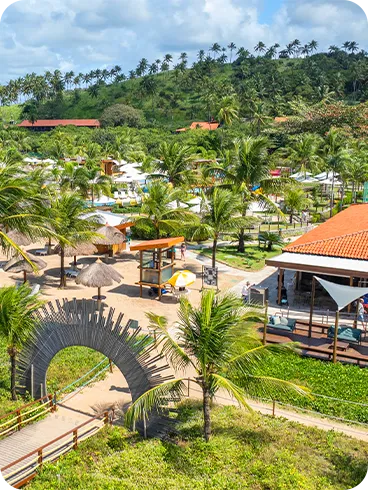 Vista aérea do resort Salinas Maragogi, destacando a natureza ao redor, com palmeiras e paisagens verdes.