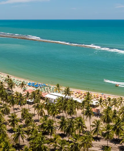 Vista aérea da orla urbana da Praia de Pajuçara, em Maceió, com o mar de cor verde-esmeralda repleto de barcos, a faixa de areia com coqueiros, e a avenida e os prédios da cidade ao fundo.