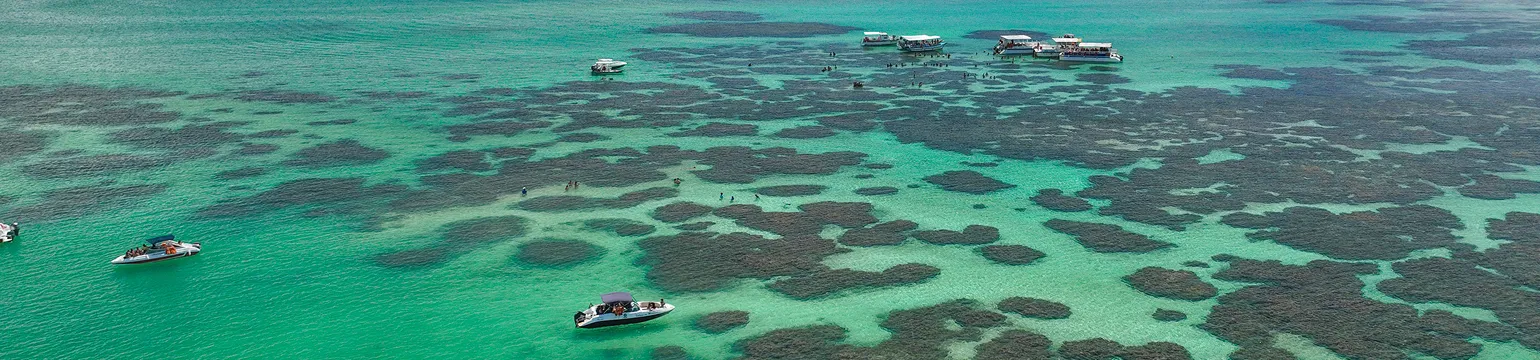 Vista panorâmica das piscinas naturais de Maragogi com embarcações e turistas explorando a região