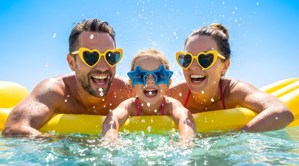 Família sorridente após descobrir como planejar lugares para viajar com crianças.