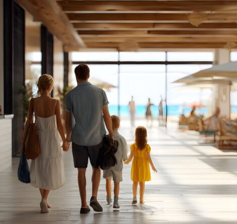 Família chegando em um dos lugares para viajar com crianças.