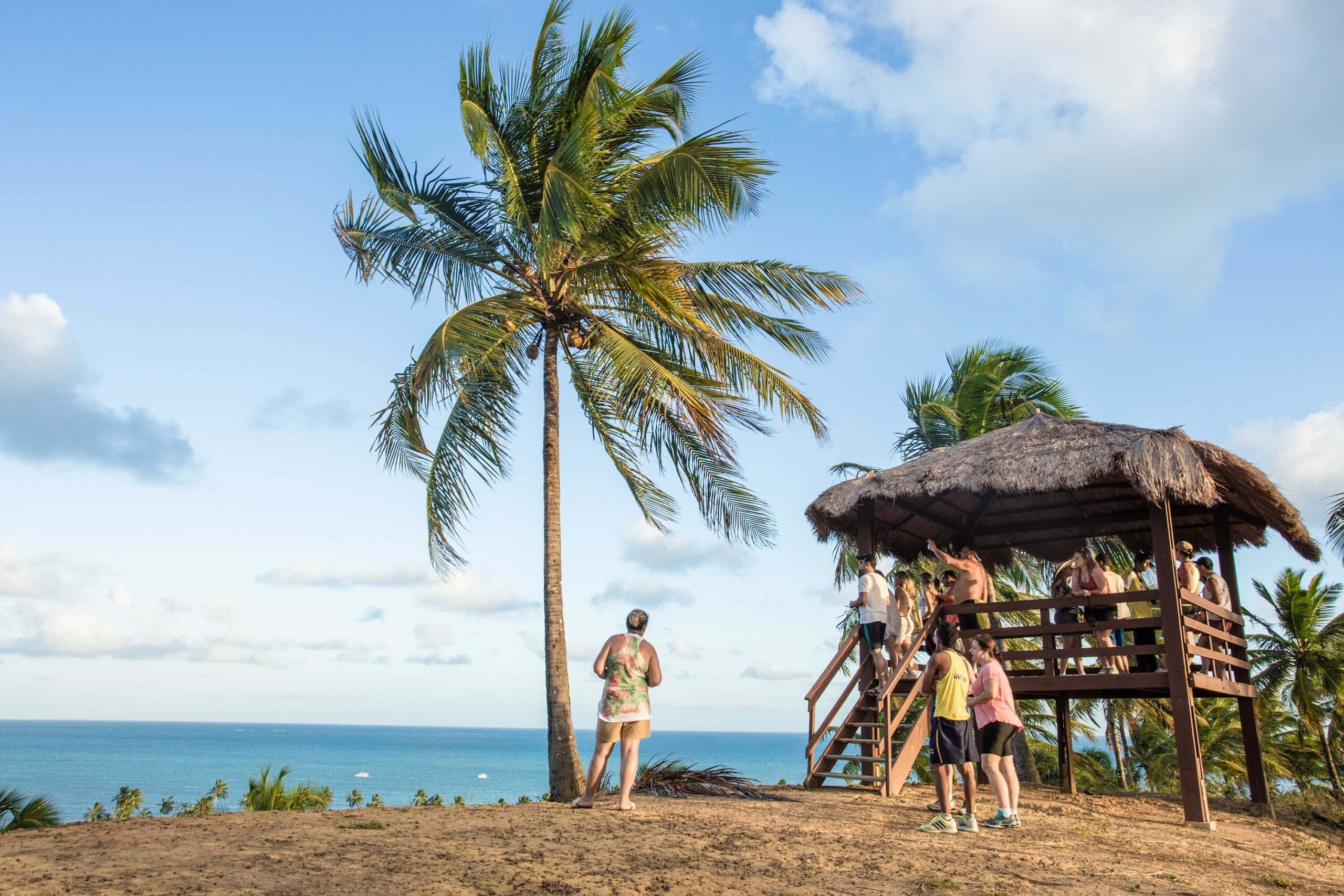 Pessoas no mirante Maragogi entre vegetação de coqueiros, com vista pras principais praias de Maragogi.