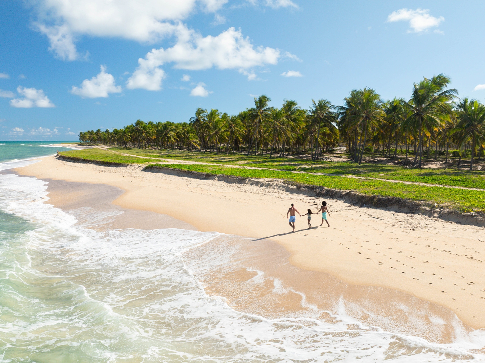 Na Praia do Gunga, o céu tem poucas nuvens, o mar está calmo. Uma família está de mãos dadas na areia sendo o pai, mãe e a filha, com vários coqueiros ao fundo.