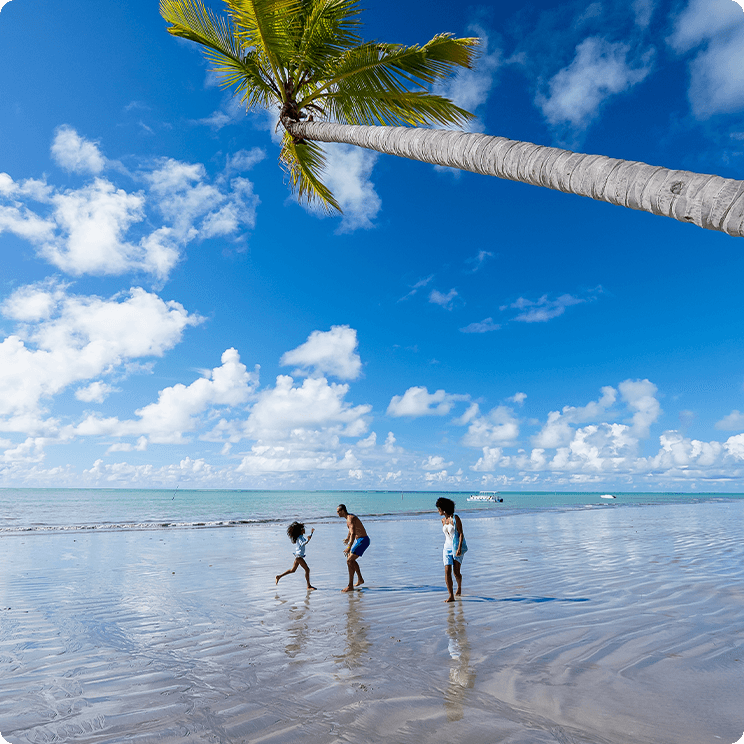Pais brincando com sua filha brincando na praia, com um coqueiro inclinado, mar azul turques, ceu azul com poucas nuvens e alguns barcos ao fundo.