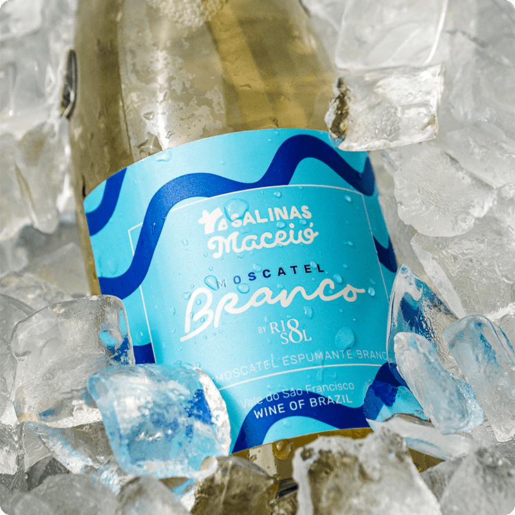 Garrafa de Moscatel Branco Salinas Maceió gelando no gelo.