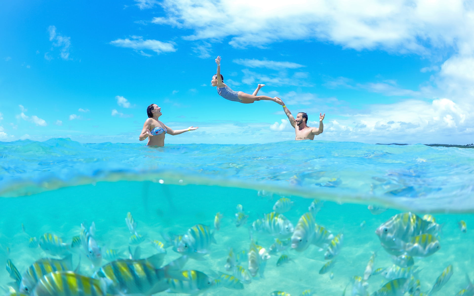Família se divertindo nas piscinas naturais de Paripueira. Com foto meia submersa, na parte inferior está abaixo d'água com peixinhos e acima, o pai jogando a filha pra cima em direção a mãe com dia ensolarado.