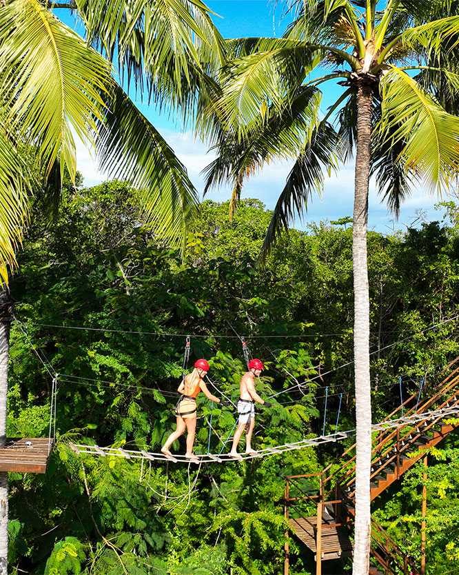 Um casal, com capacetes, atravessando uma ponte suspensa de arvorismo. Elas estão no alto, em meio a coqueiros, dentro de uma floresta tropical verde, océu está azul com poucas nuvens.