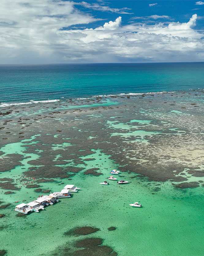 Vista aérea das Galés de Maragogi, as famosas piscinas naturais, com seus recifes de corais formando águas rasas e cristalinas de cor turquesa em alto mar, com vários barcos e turistas no local sob um céu azul.