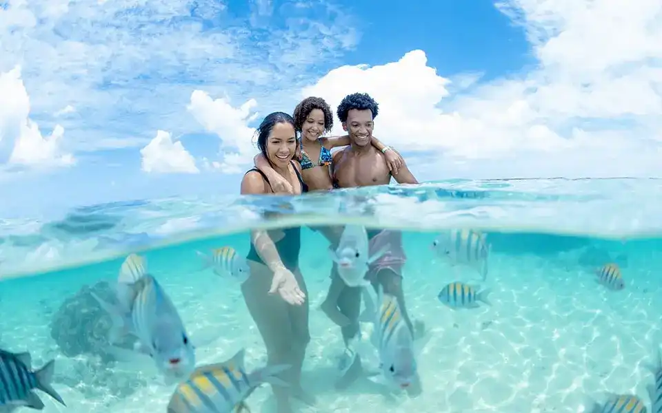 A imagem é uma cena subaquática e acima da superfície em Maragogi com uma família sorrindo, abraçada dentro da água cristalina e cercada por peixes listrados. A água divide a imagem ao meio, com um céu azul claro e nuvens esparsas acima.