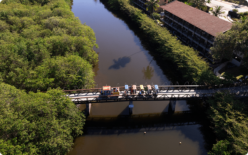 Vista aérea da ponte que atravessa o rio dentro do resort Salinas Maragogi com o trem do papai noel cruzando com famílias sentadas.