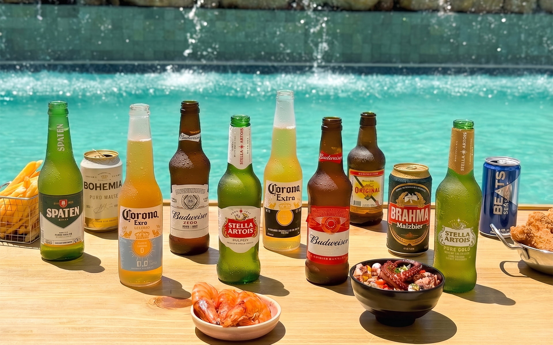 Um brinde às férias e ao ano novo Mesa posta à beira da piscina do Salinas Maragogi com camarões, petiscos e mix de cervejas geladas como Spaten, Corona, Stella Artois, Budweiser e Original.