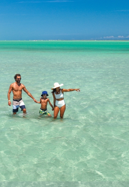 As águas cristalinas da Praia de Xaréu Família com pai, mãe e filho de mãos dadas caminhando nas águas rasas e cristalinas da Praia de Xaréu em Maragogi, com vegetação litorânea ao fundo em dia de céu azul.
