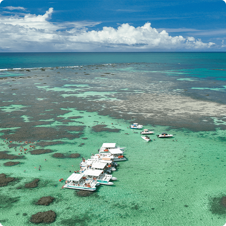 Vários catamarãs nas piscinas naturais da praia de Galés em Maragogi. O céu está com algumas nuvens, é possível enxergar os recifes de corais e há muitas famílias na água cristalina.