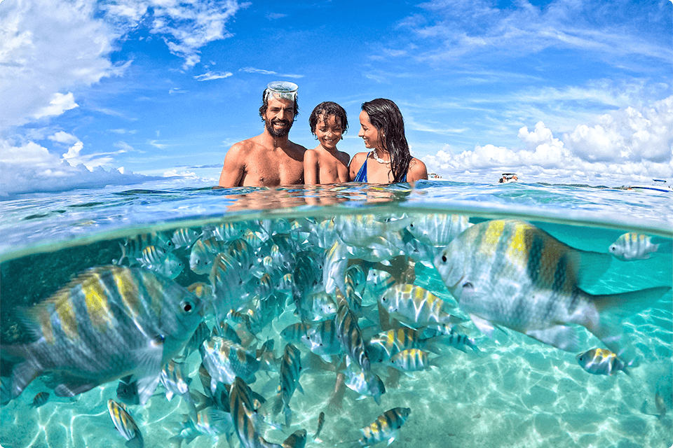 Foto subaquática com família sorridentes. Pai está com óculos de mergulho na cabeça e tem inúmeros peixe listados ao redor deles, o céu está com poucas nuvens.