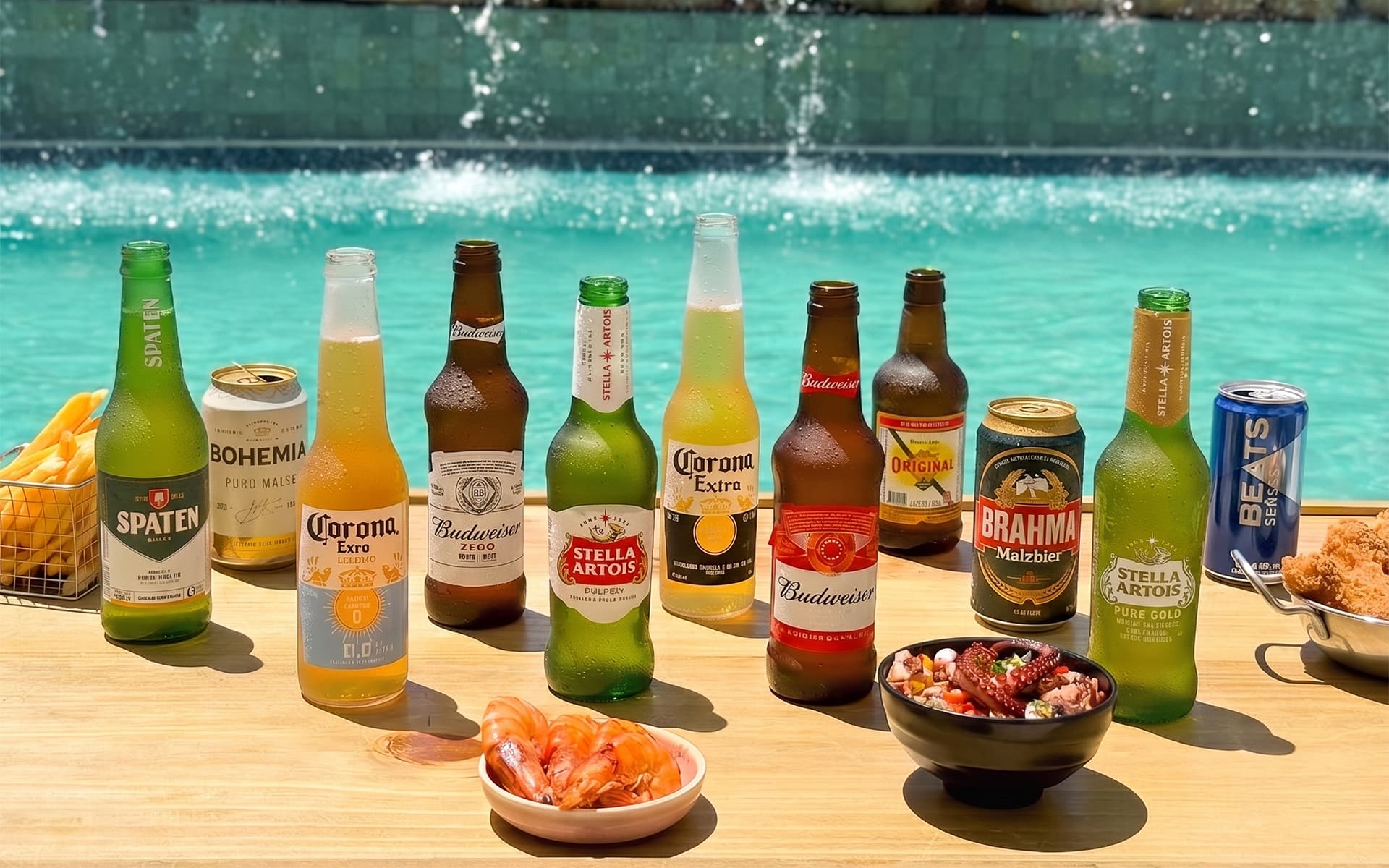 Sabores pra brindar o momento Mix de cervejas Spaten, Corona, Stella Artois, Budweiser, Original e petiscos servidos do Salinas Maragogi à beira da piscina
