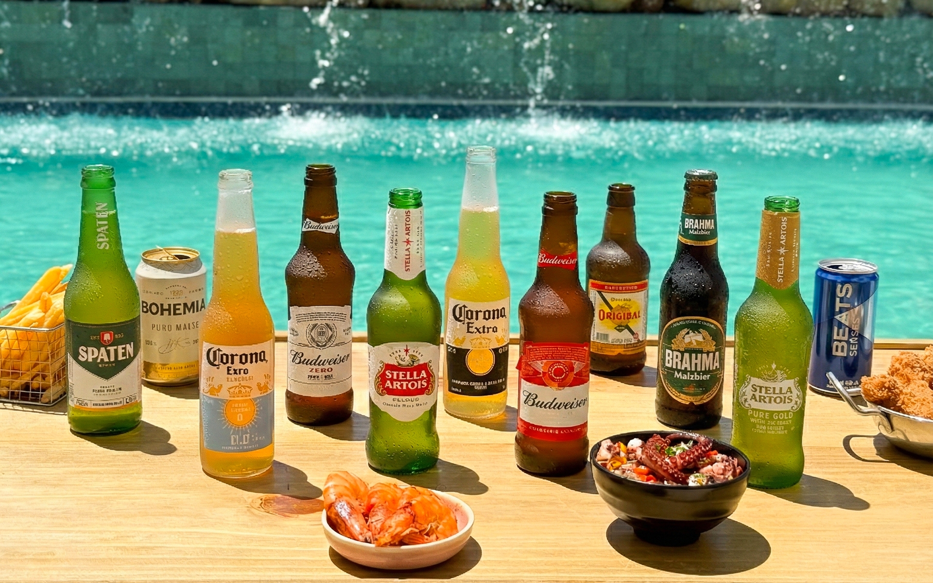 all-inclusive-24h-por-dia Variedade de cervejas long neck oferecidas no resort All Inclusive Salinas Maragogi, sendo Brahma Malzbier, Corona Extra, Beats, Original, Stella Artois, Bohemia Puro Malte e Budweiser, ao lado de diversas tigelas de petiscos, sendo camarões, batatas fritas sobre tábua de madeira à beira da piscina.