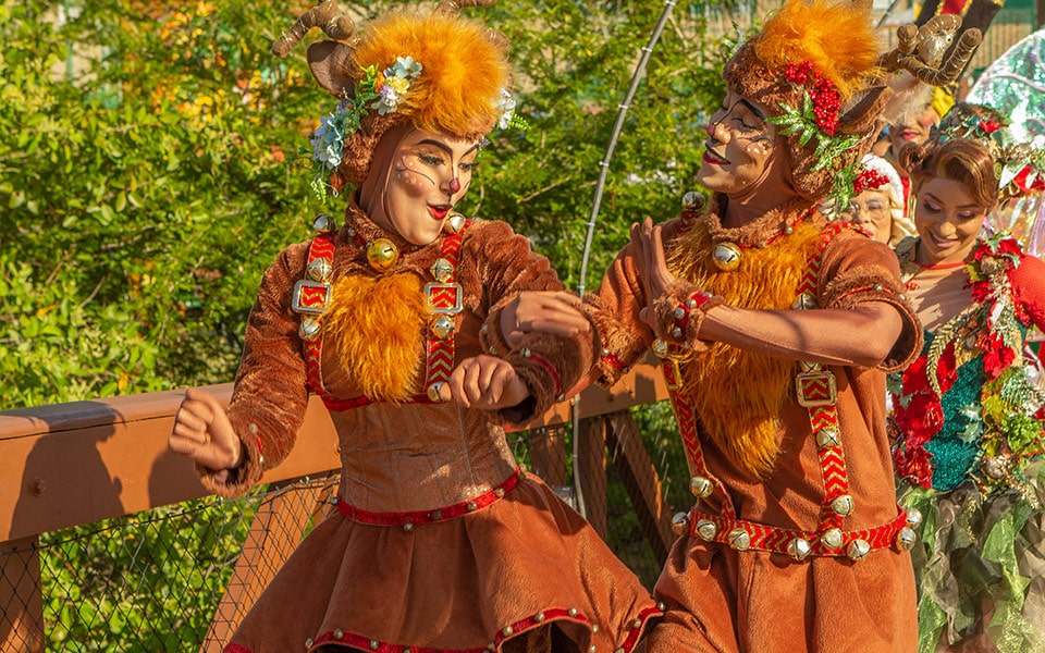 Na foto é possível ver um casal de homem e mulher caracterizados de rena de natal, eles vestem roupas marrons com pêlos e detalhes em vermelho, verde e dourado. No rosto, possuem pintura que remete ao animal, e na cabeça usam chifres, flores e pêlos.